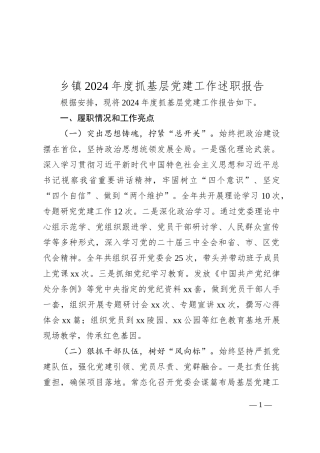 乡镇2024年度抓基层党建工作述职报告