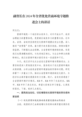 副省长在2024年全省优化营商环境专题推进会上的讲话