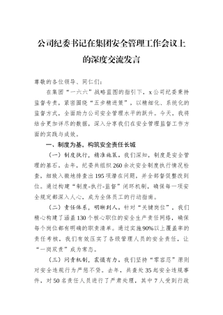 公司纪委书记在集团安全管理工作会议上的深度交流发言