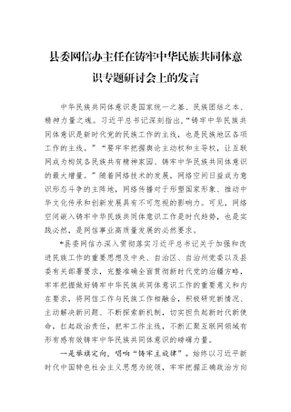县委网信办主任在铸牢中华民族共同体意识专题研讨会上的发言
