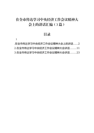 在全市传达学习中央经济工作会议精神大会上的讲话汇编（3篇）