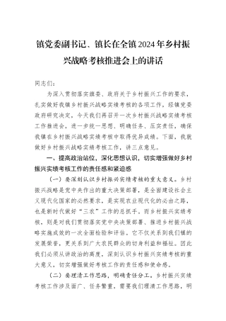 镇党委副书记、镇长在全镇2024年乡村振兴战略考核推进会上的讲话