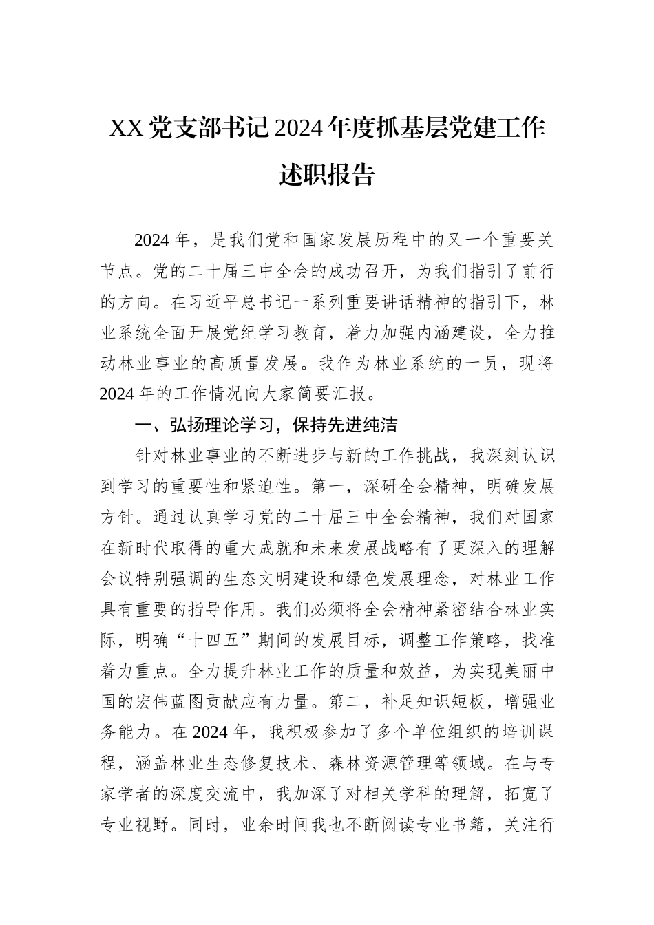 XX党支部书记2024年度抓基层党建工作述职报告_第1页