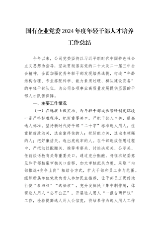 国有企业党委2024年度年轻干部人才培养工作总结