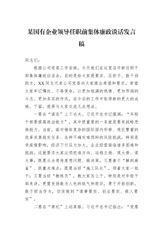 某国有企业领导任职前集体廉政谈话发言稿