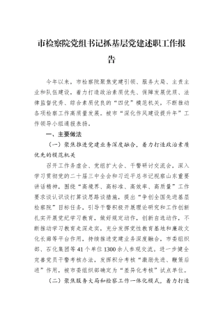 市检察院党组书记抓基层党建述职工作报告