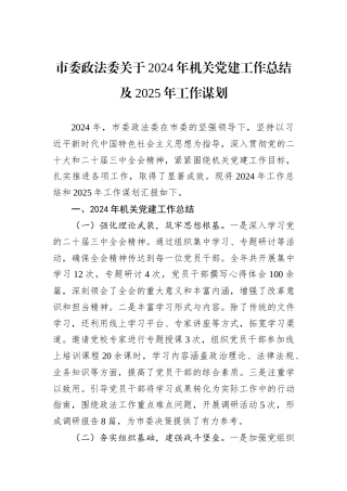 市委政法委关于2024年机关党建工作总结及2025年工作谋划