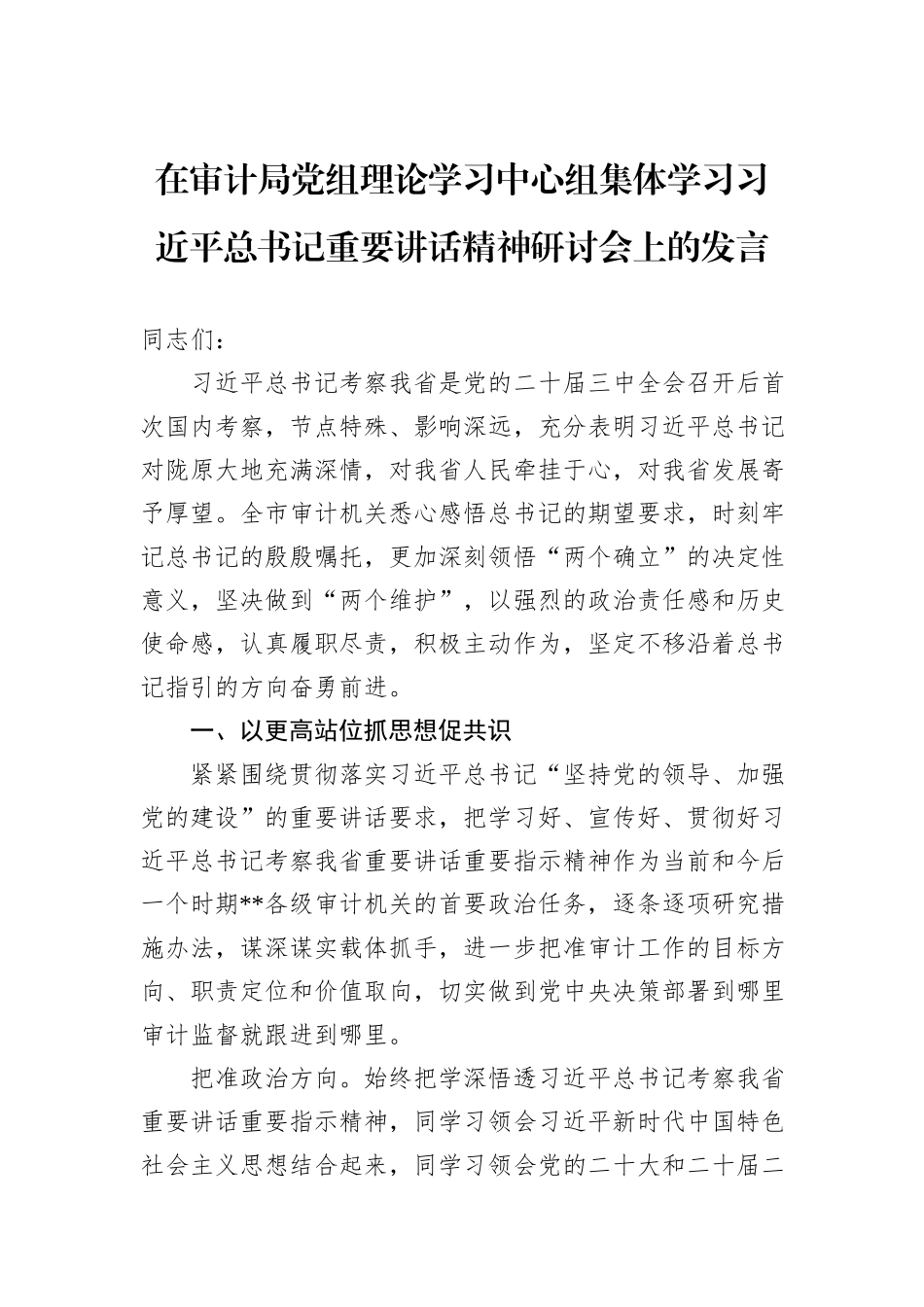 在审计局党组理论学习中心组集体学习习近平总书记重要讲话精神研讨会上的发言_第1页