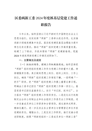 区委两新工委2024年度抓基层党建工作述职报告