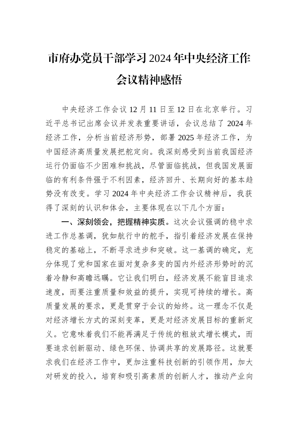 市府办党员干部学习2024年中央经济工作会议精神感悟_第1页