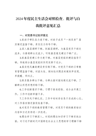 2024年度民主生活会对照检查、批评与自我批评意见汇总