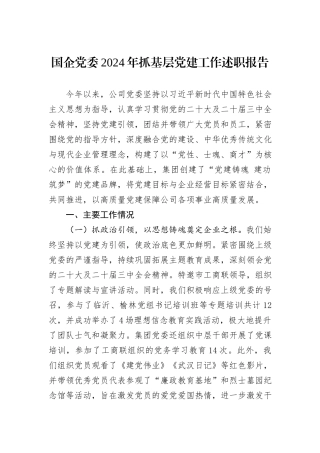 国企党委2024年抓基层党建工作述职报告
