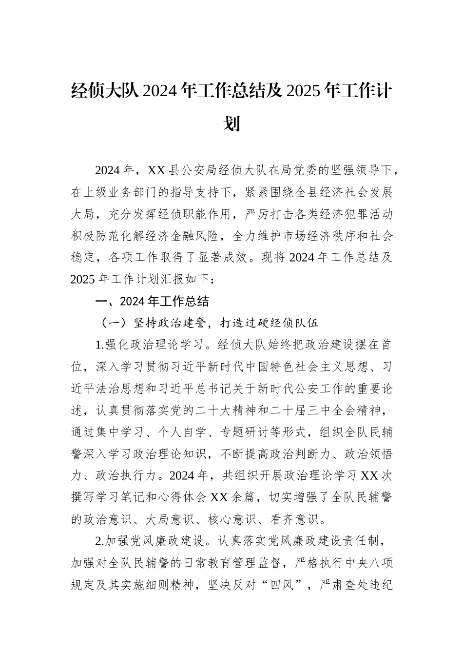 经侦大队2024年工作总结及2025年工作计划_第1页