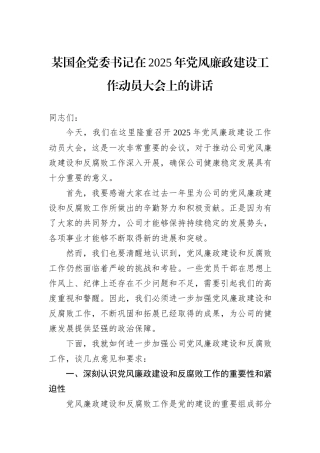 某国企党委书记在2025年党风廉政建设工作动员大会上的讲话
