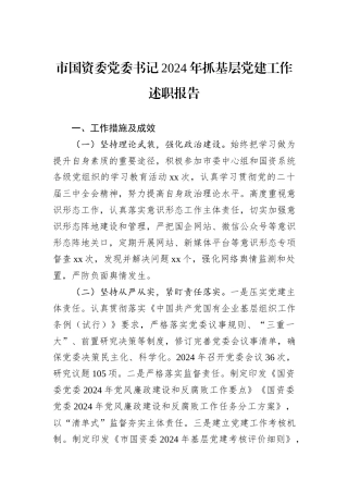 市国资委党委书记2024年抓基层党建工作述职报告