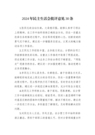 2024年民主生活会批评意见30条