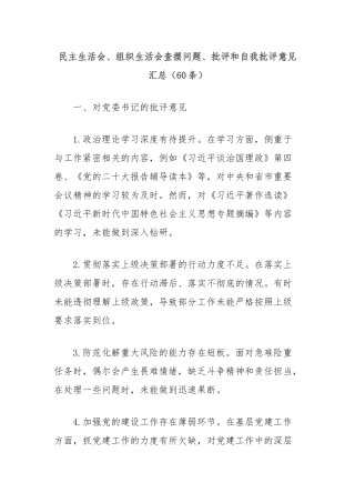 (60条)民主生活会、组织生活会查摆问题、批评和自我批评意见汇总