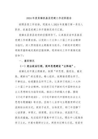 2024年度某镇抓基层党建工作述职报告