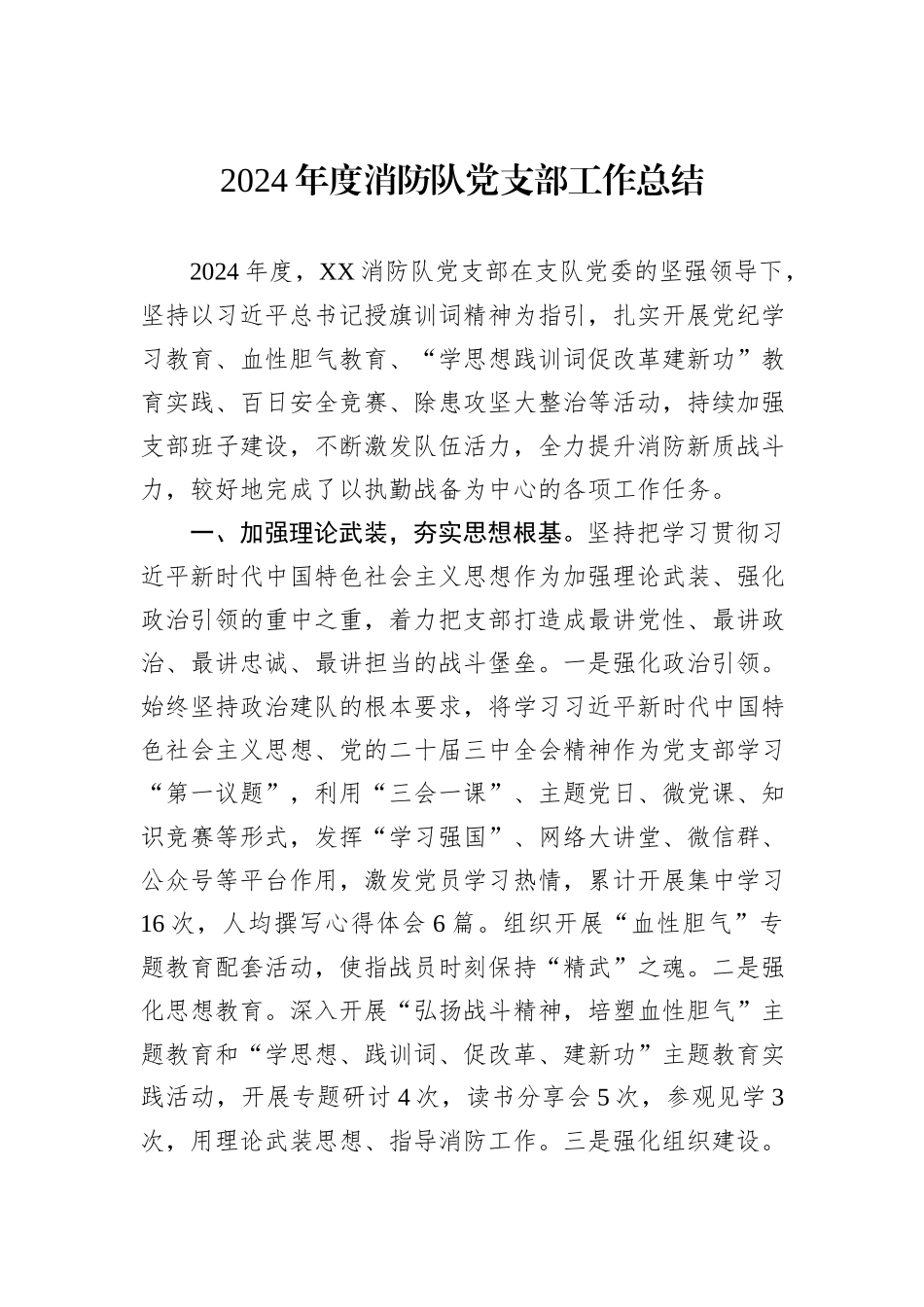 2024年度消防队党支部工作总结_第1页