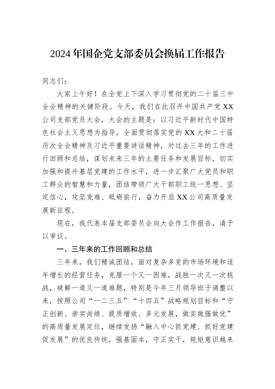 2024年国企党支部委员会换届工作报告_第1页