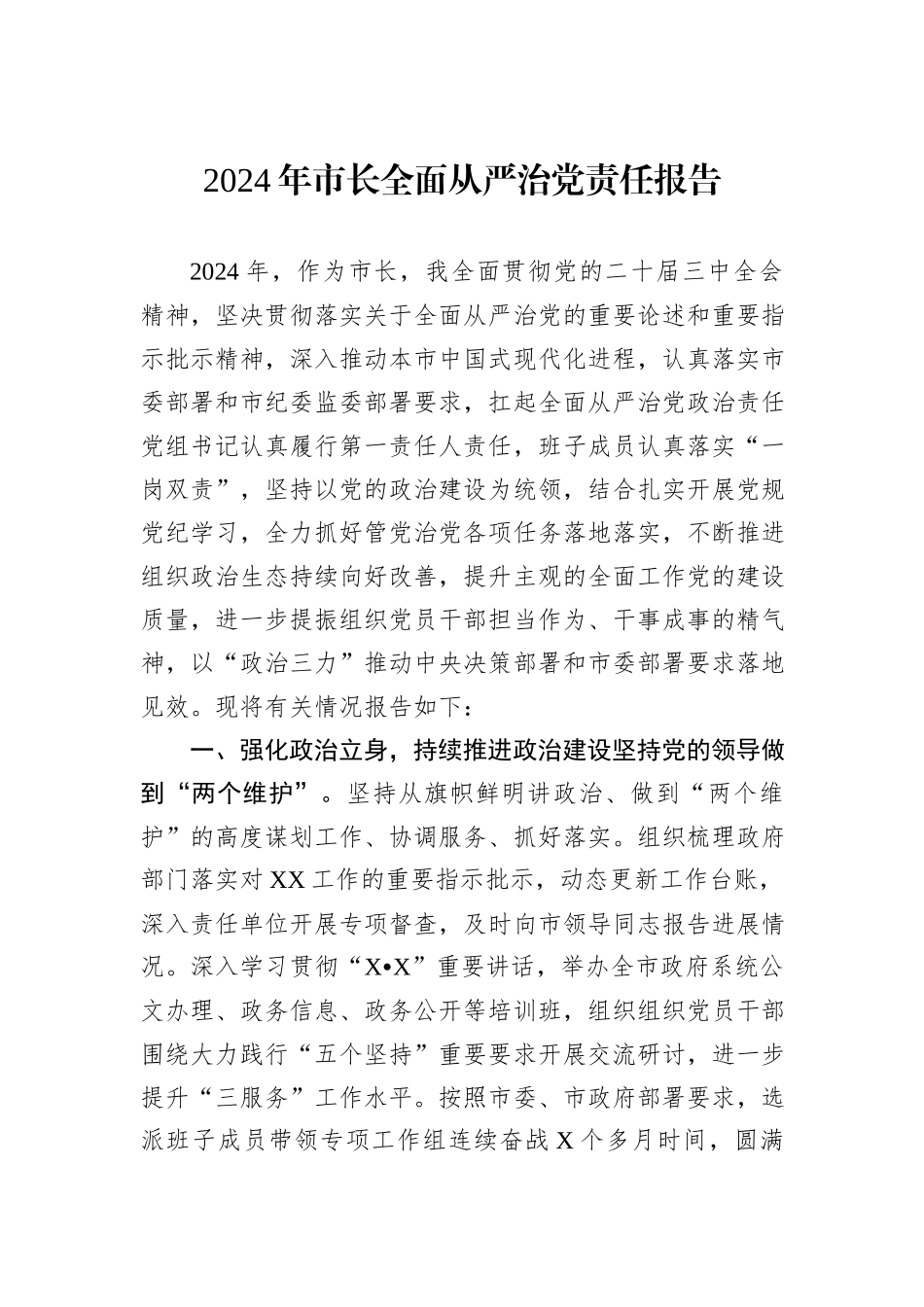 2024年市长全面从严治党责任报告_第1页