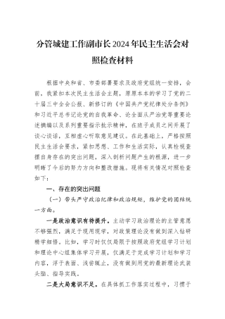 分管城建工作副市长2024年民主生活会对照检查材料