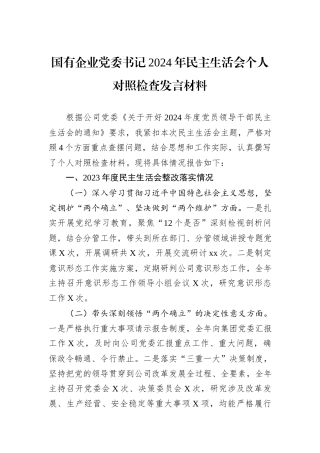 国有企业党委书记2024年民主生活会个人对照检查发言材料