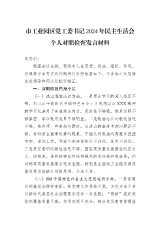市工业园区党工委书记2024年民主生活会个人对照检查发言材料