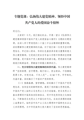 专题党课：弘扬伟大建党精神，领悟中国共产党人的爱国奋斗情怀