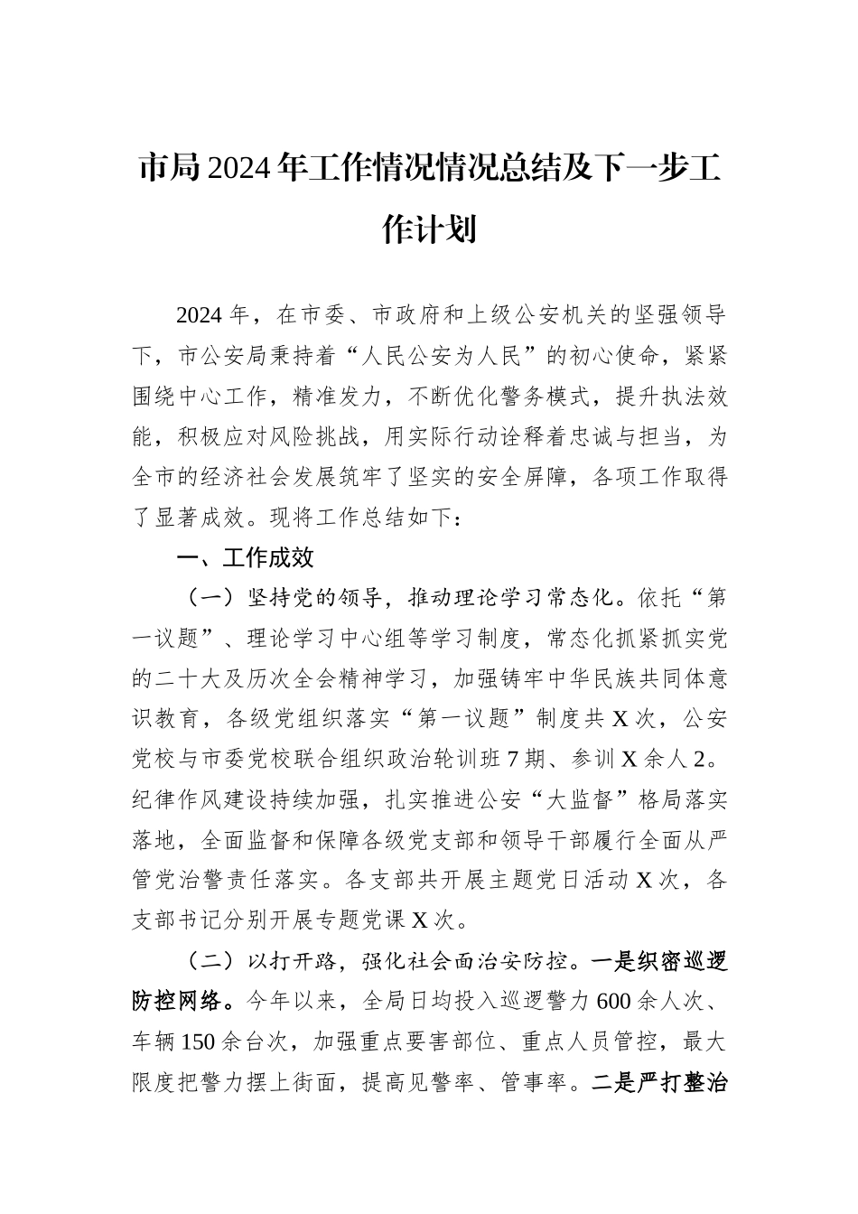 市局2024年工作情况情况总结及下一步工作计划_第1页