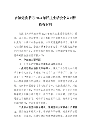 乡镇党委书记2024年民主生活会个人对照检查材料