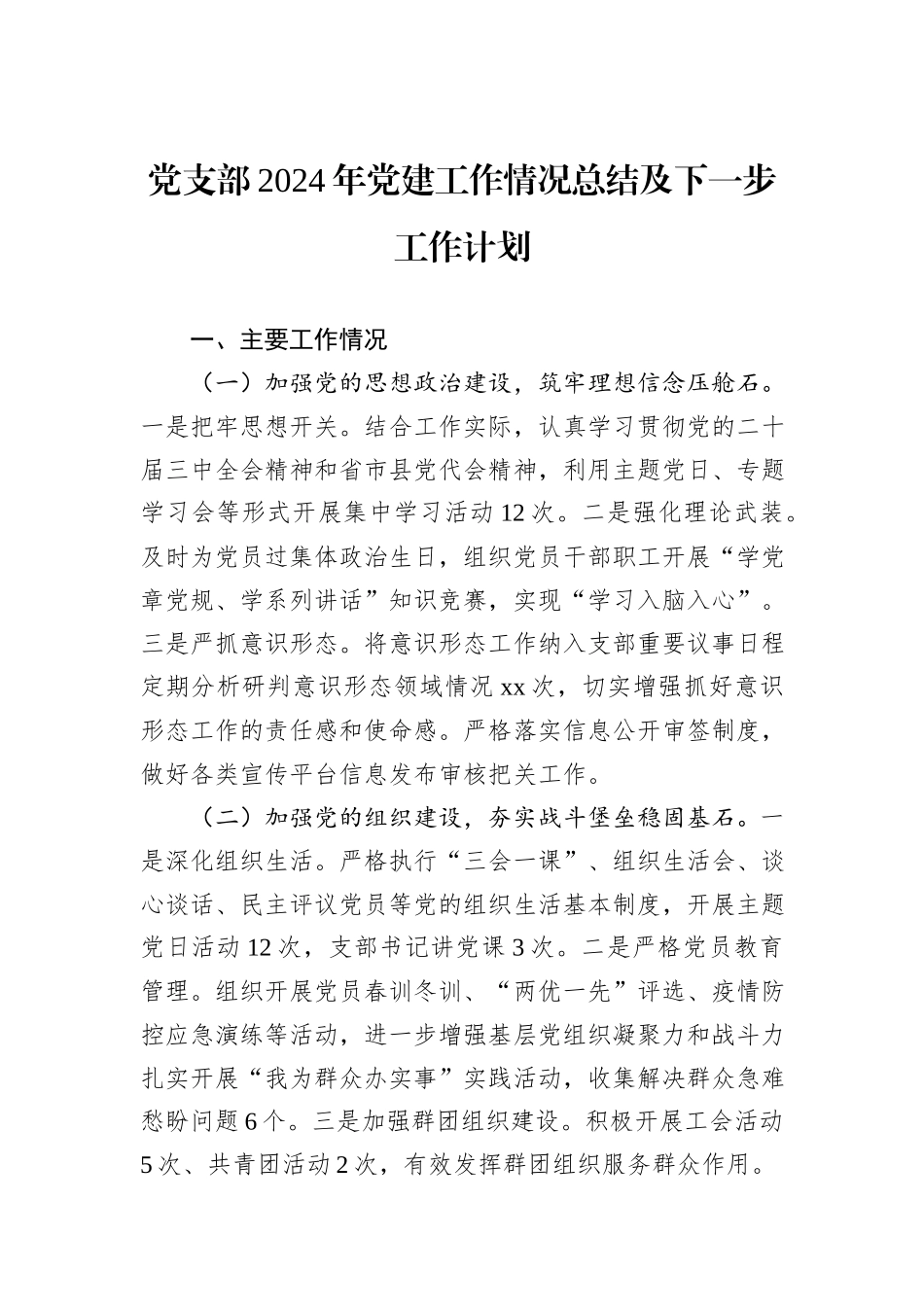 党支部2024年党建工作情况总结及下一步工作计划_第1页