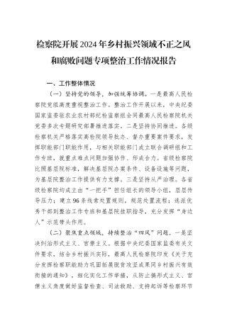 检察院开展2024年乡村振兴领域不正之风和腐败问题专项整治工作情况报告
