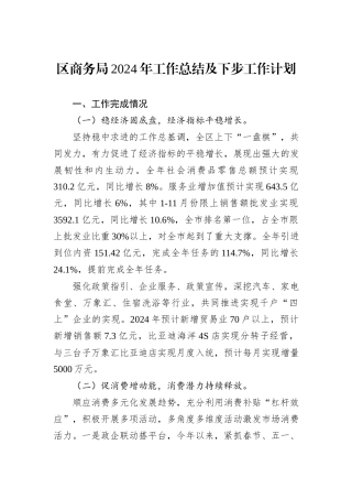 区商务局2024年工作总结及下步工作计划