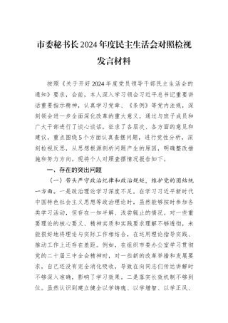 市委秘书长2024年度民主生活会对照检视发言材料