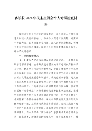 乡镇长2024年民主生活会个人对照检查材料