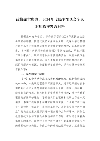 政协副主席关于2024年度民主生活会个人对照检视发言材料