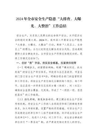2024年全市安全生产隐患“大排查、大曝光、大整治”工作总结