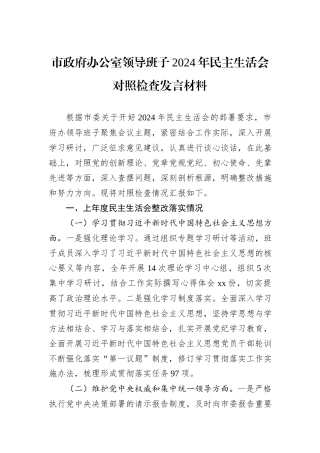 市政府办公室领导班子2024年民主生活会对照检查发言材料