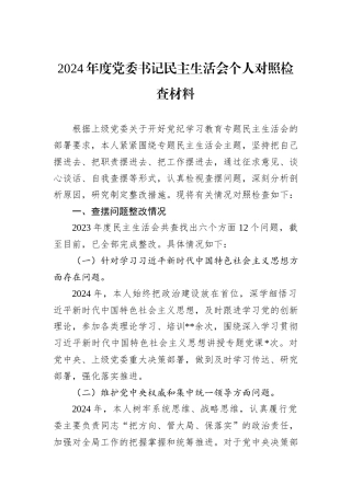 2024年度党委书记民主生活会个人对照检查材料