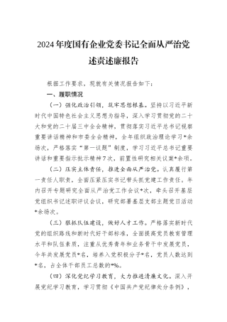 2024年度国有企业党委书记全面从严治党述责述廉报告