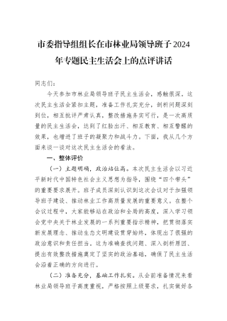 市委指导组组长在市林业局领导班子2024年专题民主生活会上的点评讲话