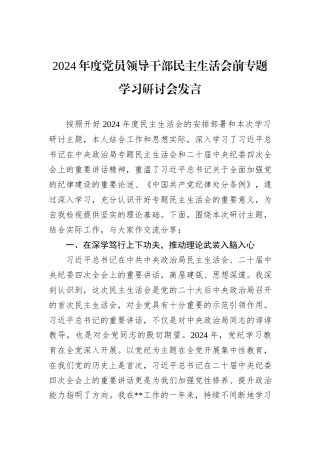 2024年度党员领导干部民主生活会前专题学习研讨会发言