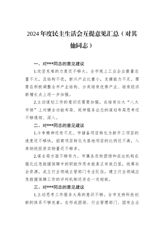 2024年度民主生活会互提意见汇总（对其他同志）