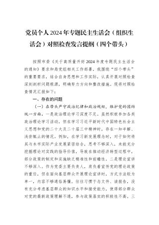 党员个人2024年专题民主生活会（组织生活会）对照检查发言提纲（四个带头）