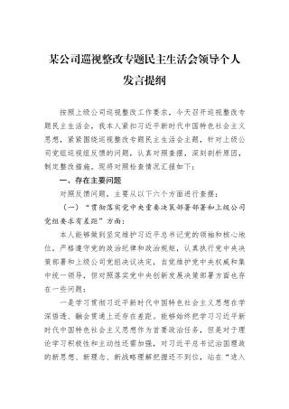 某公司巡视整改专题民主生活会领导个人发言提纲