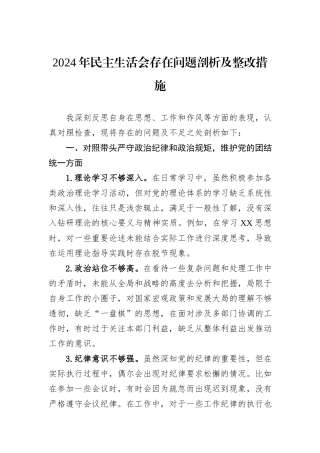 2024年民主生活会存在问题剖析及整改措施