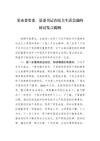 某市委常委、县委书记在民主生活会前的研讨发言提纲