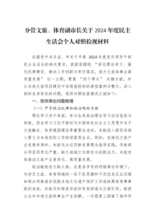 分管文旅、体育副市长关于+2024+年度民主生活会个人对照检视材料