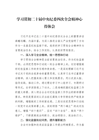 学习贯彻二十届中央纪委四次全会精神心得体会